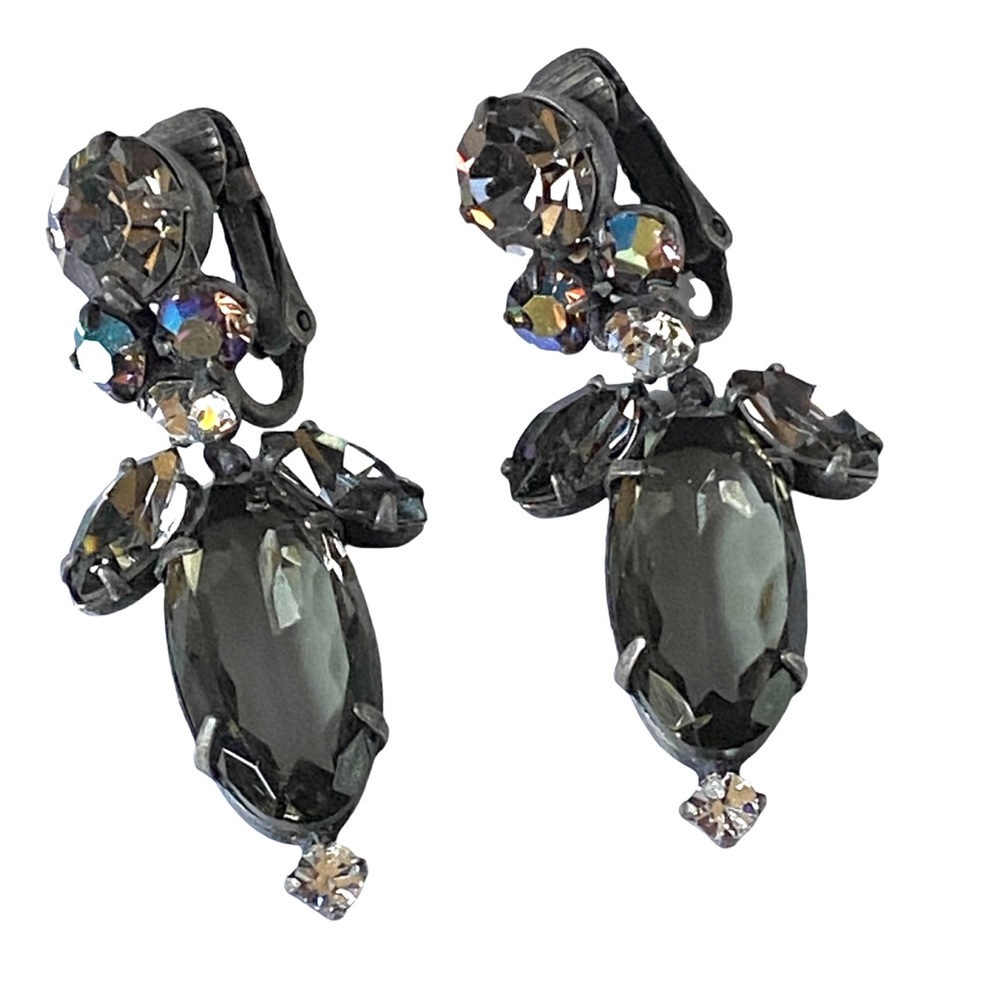 Clip On Rhinestone Earrings Dangle Silver Tone